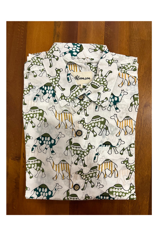 Southloom Jaipur Cotton Camel Hand Block Printed White Shirt For Kids (Half Sleeves)
