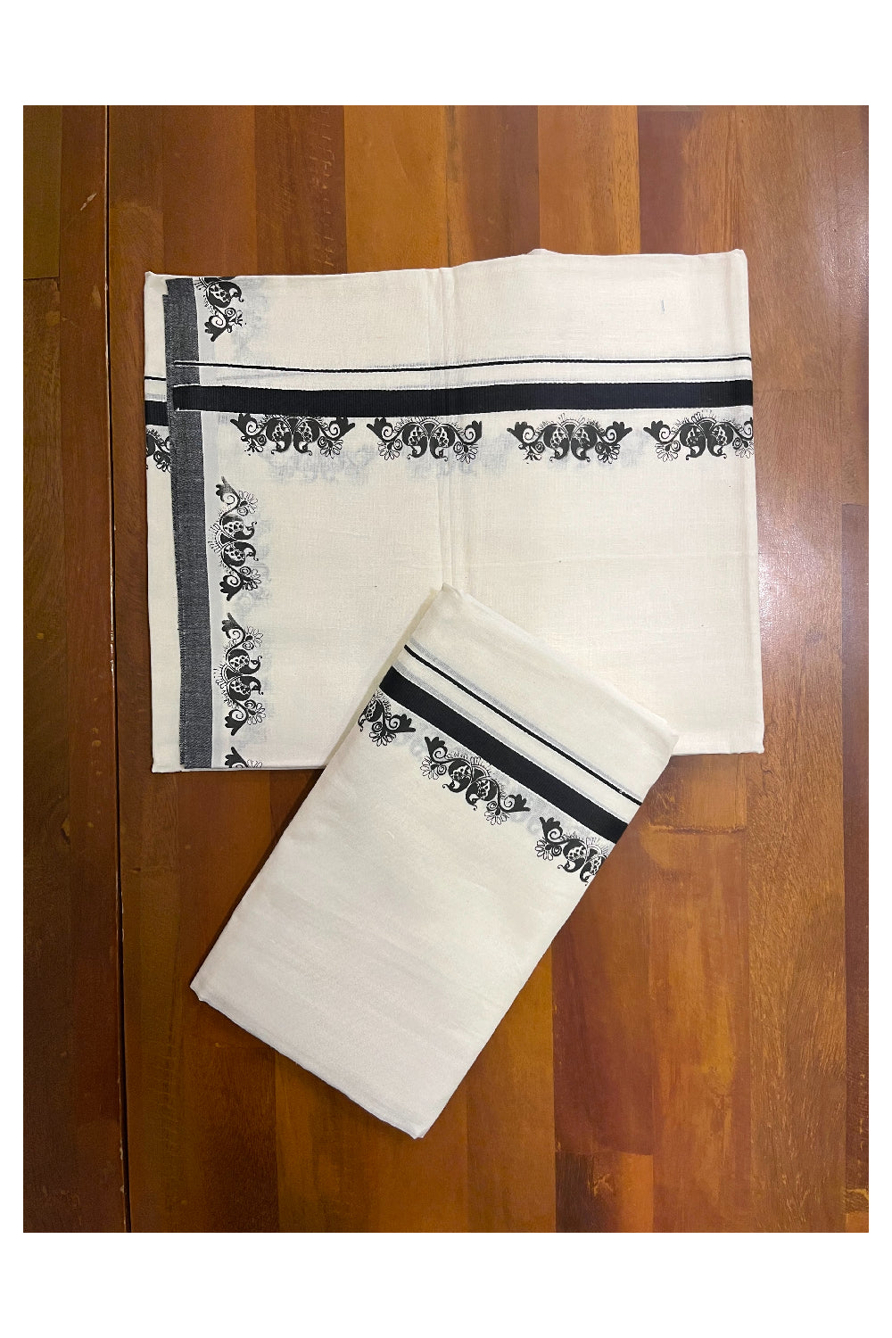 Kerala Pure Cotton Set Mundu Single (Mundum Neriyathum) with Black Block Prints