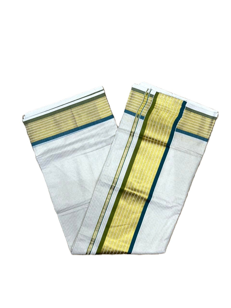 Southloom Kerala Cotton Kasavu Saree with Micro Check Design on Body in Peacock Blue & Olive Green  Border SL451
