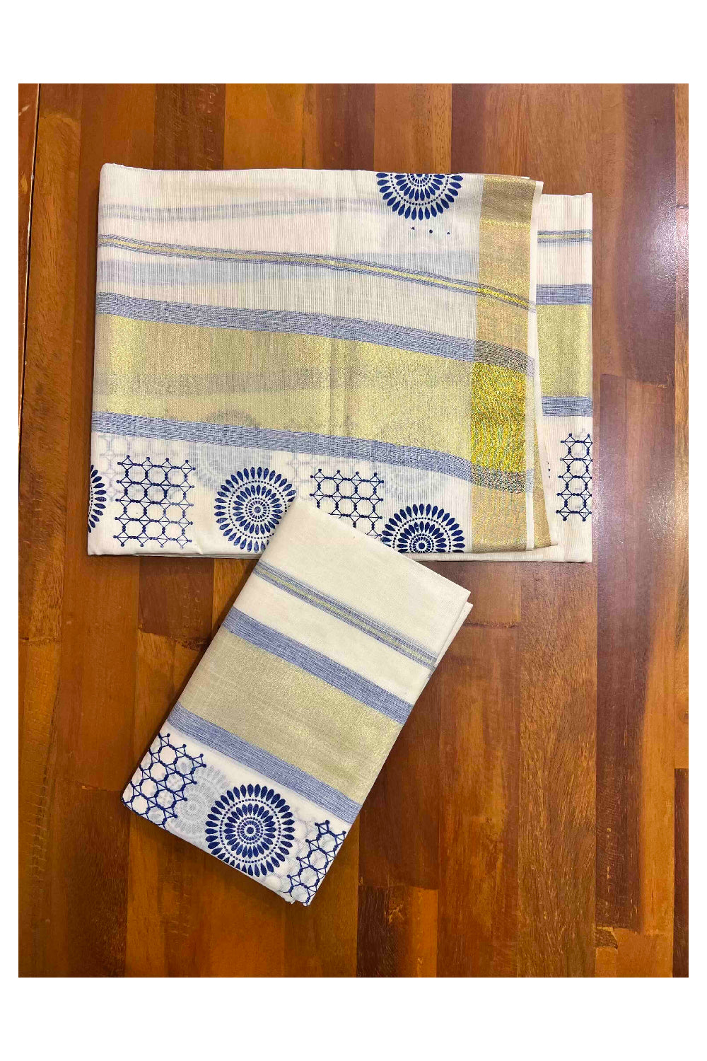 Kerala Cotton Single Set Mundu (Mundum Neriyathum) with Dark Blue Block Prints with Kasavu Border  - 2.80Mtrs