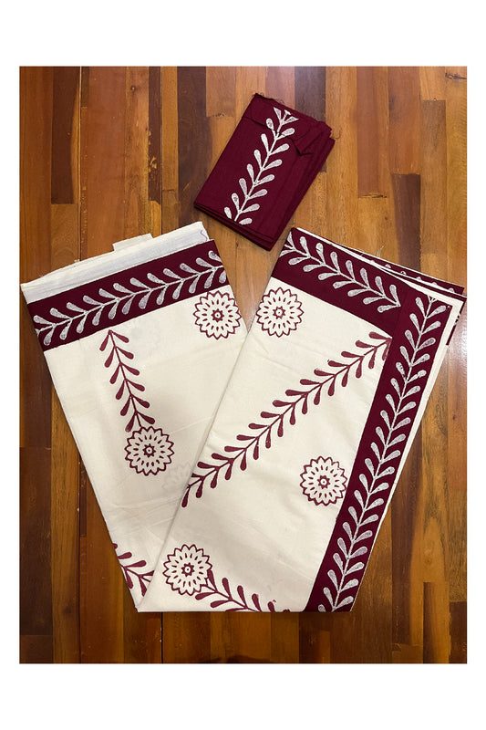 Pure Cotton Onam 2023 Kerala Saree with Hand Block Maroon Floral Batik Prints