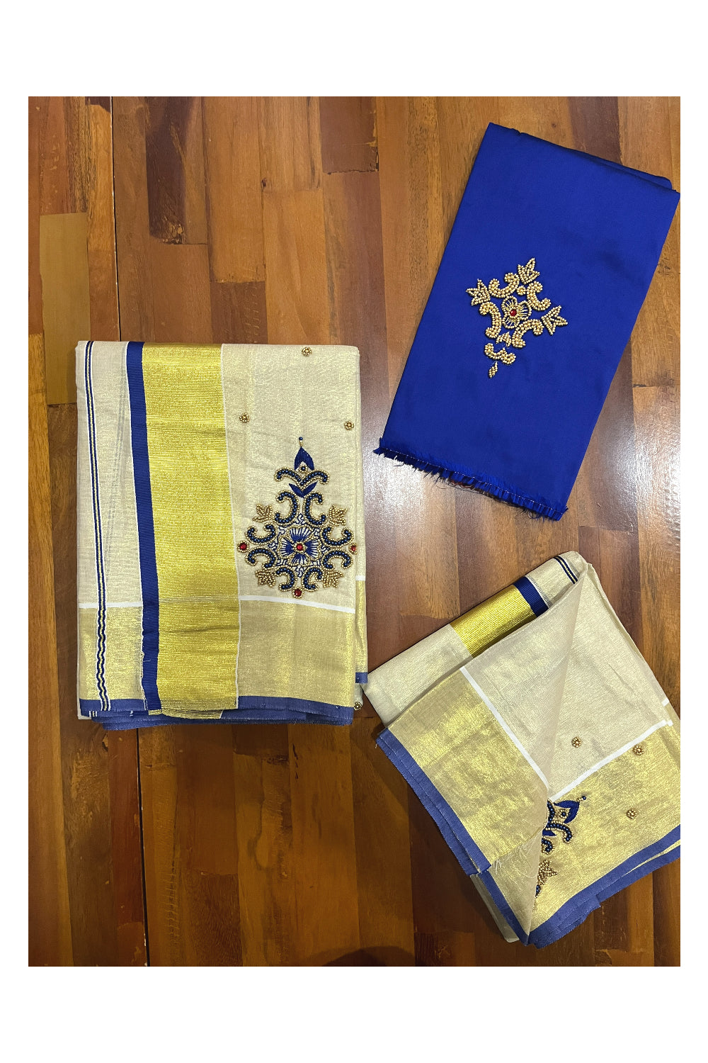 Kerala Tissue Kasavu Set Mundu (Mundum Neriyathum) with Bead Handwork Design and Blue Blouse Piece