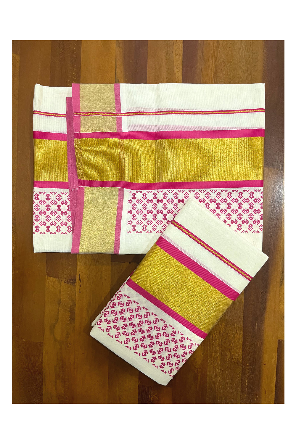 Pure Cotton Kerala Single Set Mundu (Mundum Neriyathum) with Pink Block Printed Kasavu Border