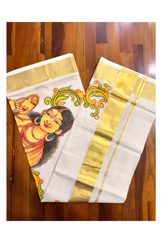 Southloom™ Premium Handloom Kerala Kasavu Saree With Hand Painted Mural Lady Design (Vishu 2024 Collection)