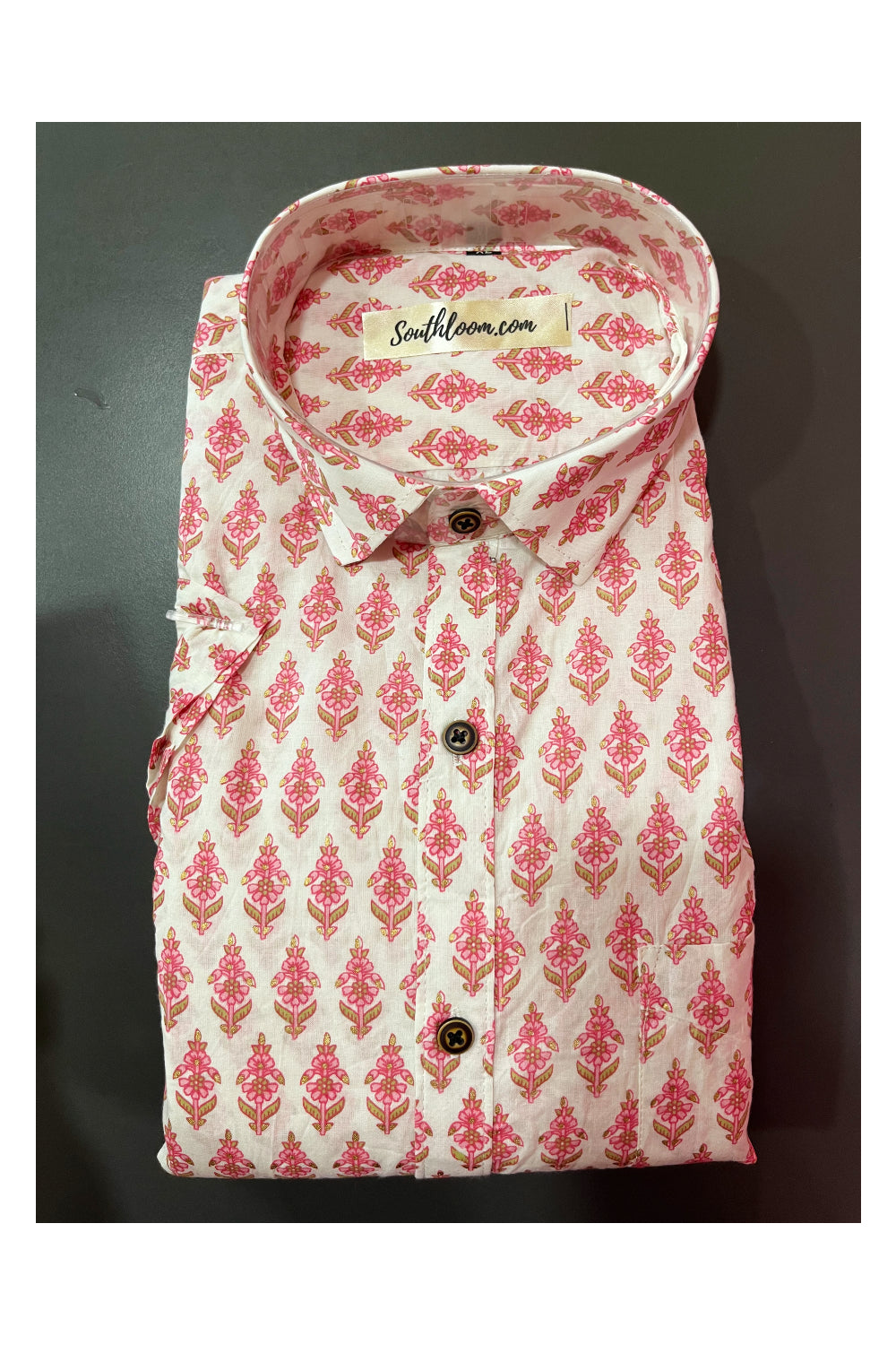 Southloom Jaipur Cotton White Hand Block Printed Shirt (Half Sleeves)