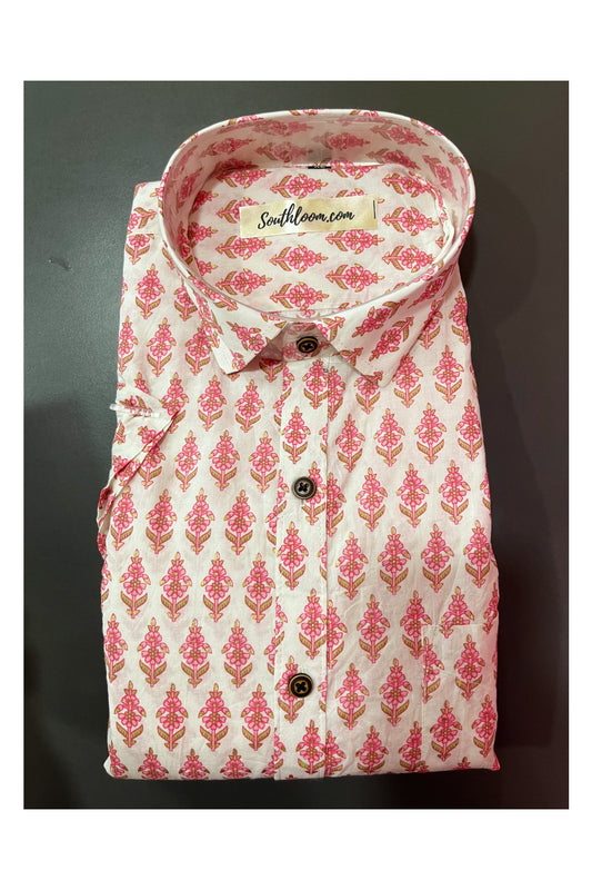 Southloom Jaipur Cotton White Hand Block Printed Shirt (Half Sleeves)