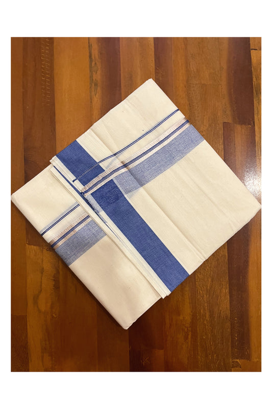 Kerala Cotton Double Mundu with Blue and Silver Kasavu Border (Onam Mundu 2023)