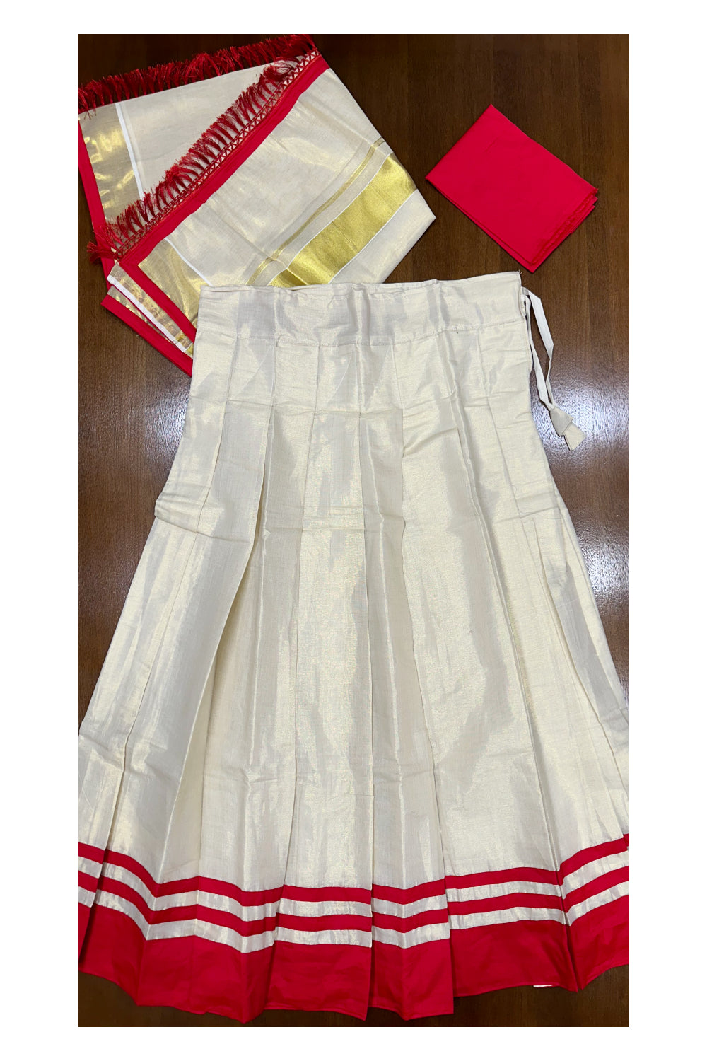 Southloom Semi Stitched Tissue Dhavani Set with Red Border and Red Blouse Piece