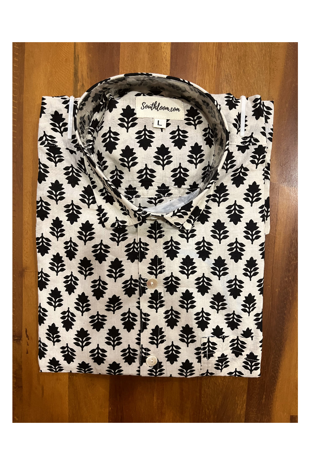 Southloom Jaipur Cotton Black Hand Block Printed White Shirt (Half Sleeves)