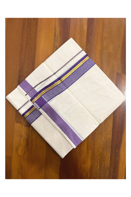 Pure Cotton Kerala Double Mundu with Kasavu and Violet Kara (South Indian Kerala Dhoti)