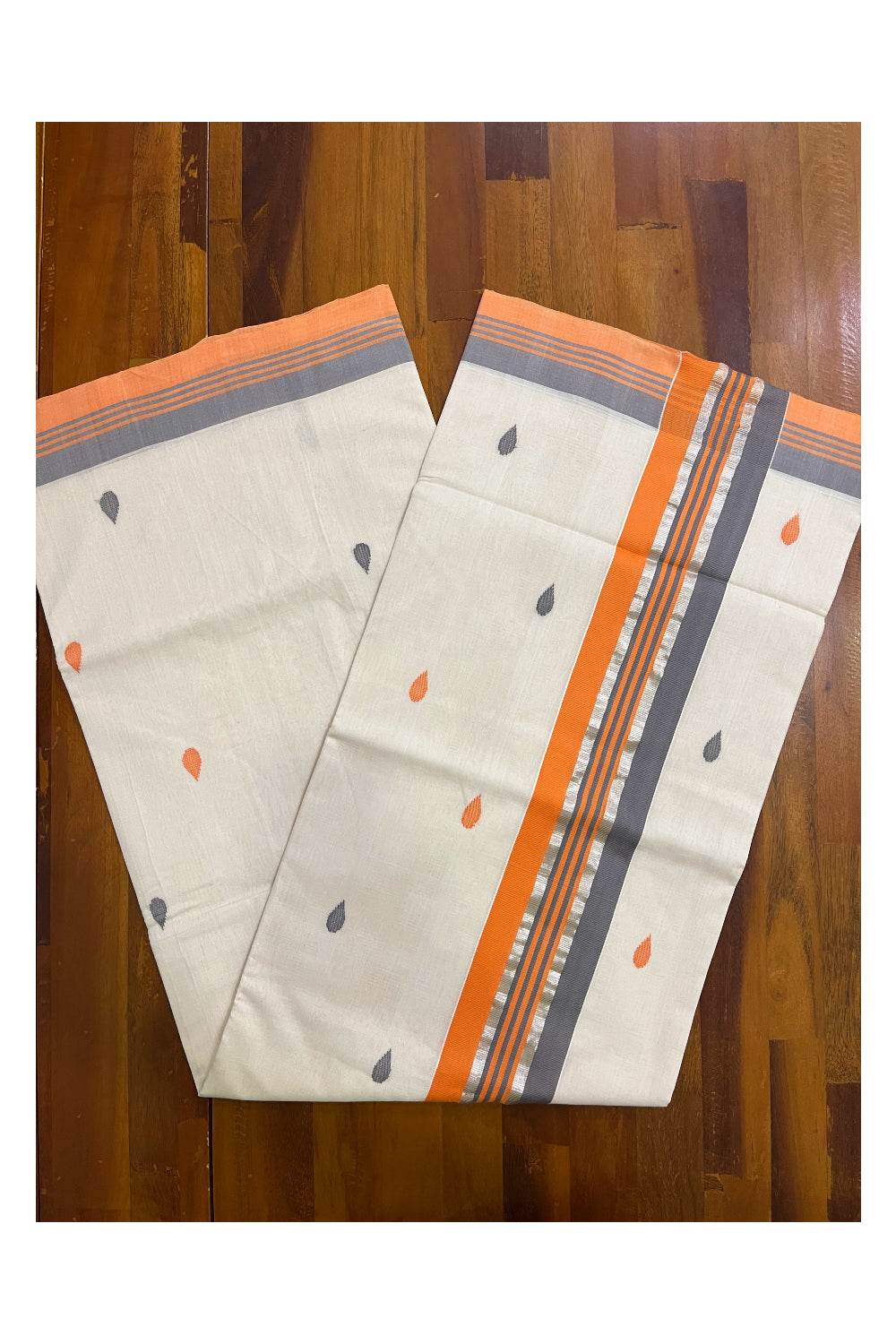 Southloom Premium Balaramapuram Unakkupaavu Handloom Cotton Butta Saree with Orange Grey and Kasavu Border