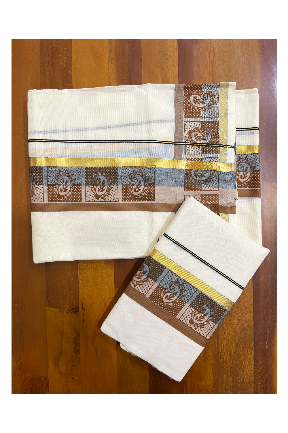 Kerala Cotton Kasavu Single Set Mundu (Mundum Neriyathum) with Blue and Brown Kara and Block prints