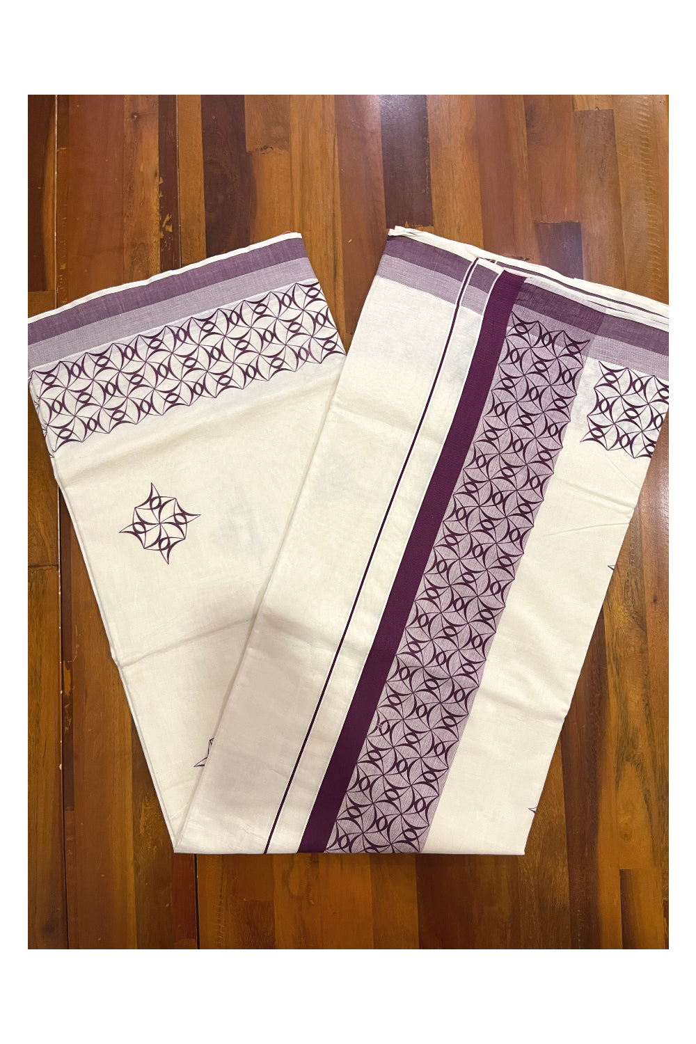 Pure Cotton Off White Kerala Saree with Purple Block Printed Border (Onam Saree 2023)