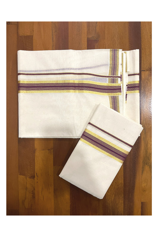 Kerala Cotton Mundum Neriyathum Single (Set Mundu) with Kasavu and Purple Border 2.80 Mtrs