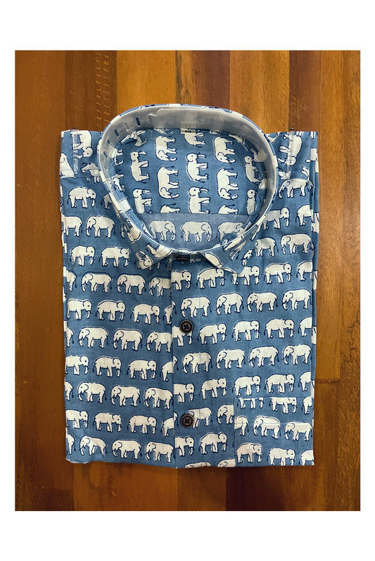 Southloom Jaipur Cotton Elephant Hand Block Printed Blue Shirt (Full Sleeves)