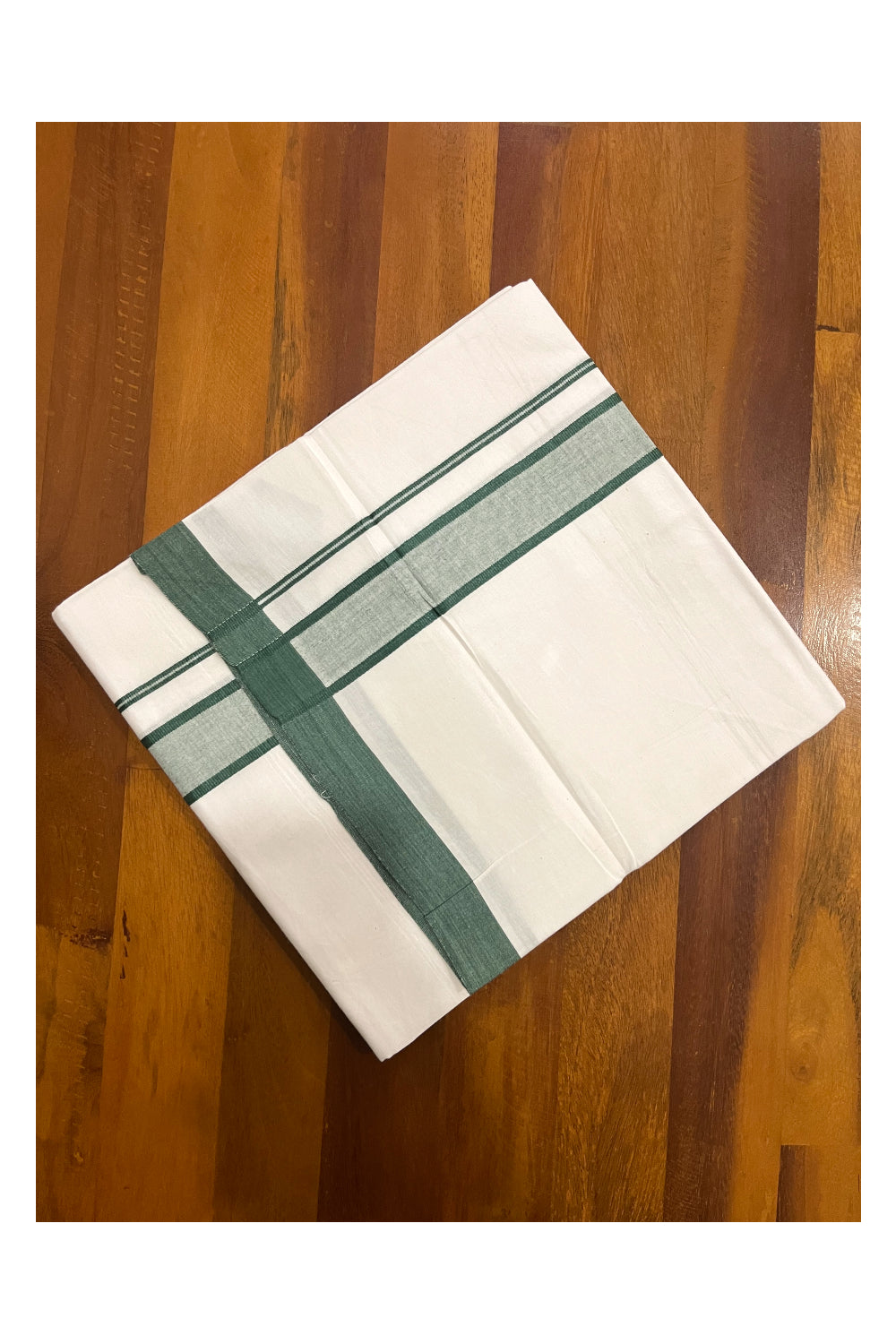 Pure White Cotton Single Mundu (Otta Mundu) with Green Border (South Indian Kerala Dhoti)