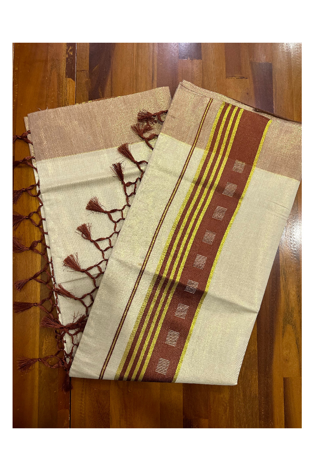 Kerala Tissue Saree with Kasavu Brown Border and Tassels Works on Pallu (Onam Saree 2023)