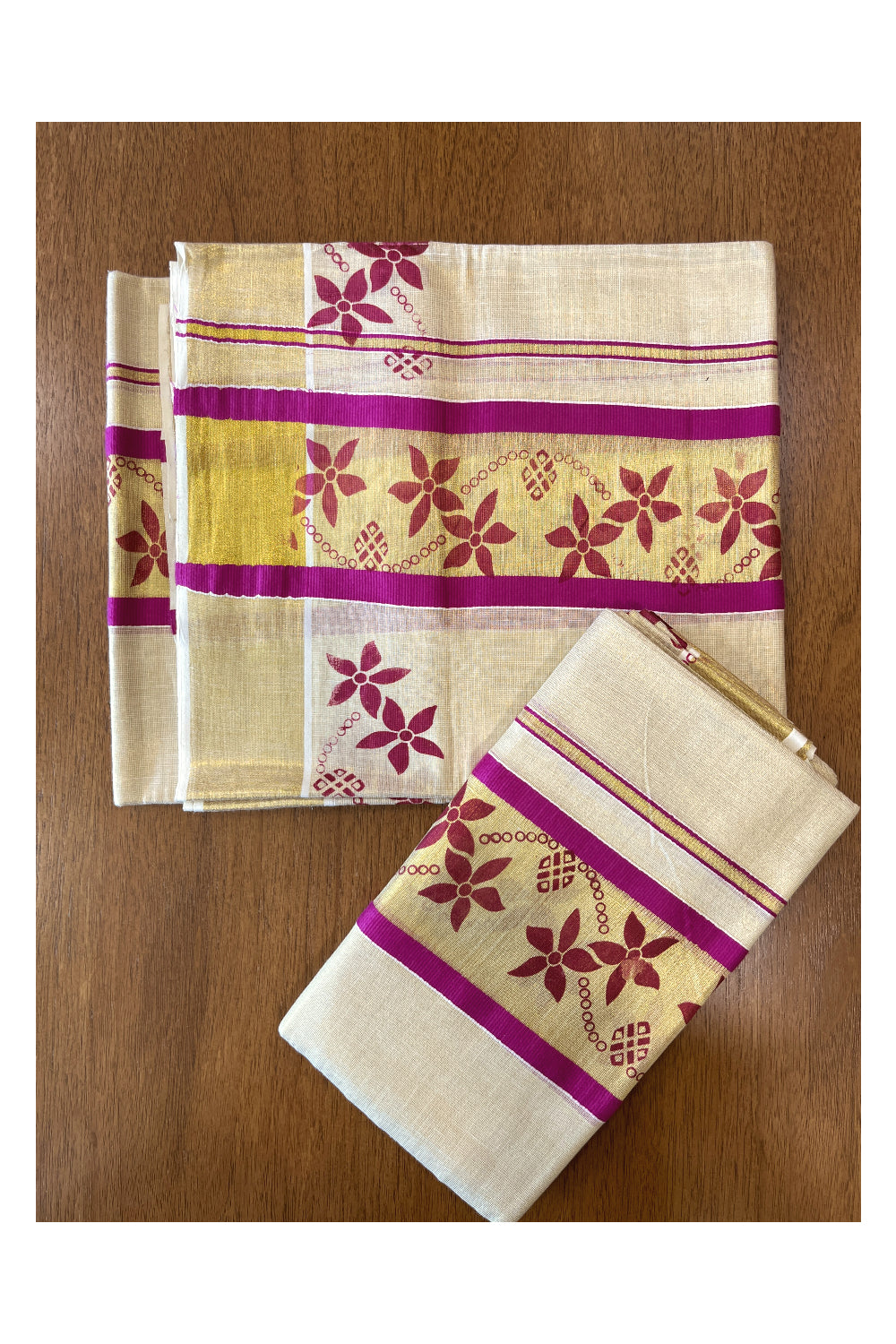 Kerala Tissue Set Mundu (Mundum Neriyathum) with Magenta Floral Block Prints on Border 2.80 Mtrs