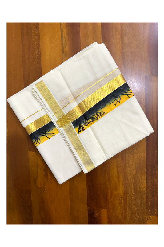 Kerala Pure Cotton Double Mundu with Hand Painted Designs on Kasavu Border(South Indian Kerala Dhoti)