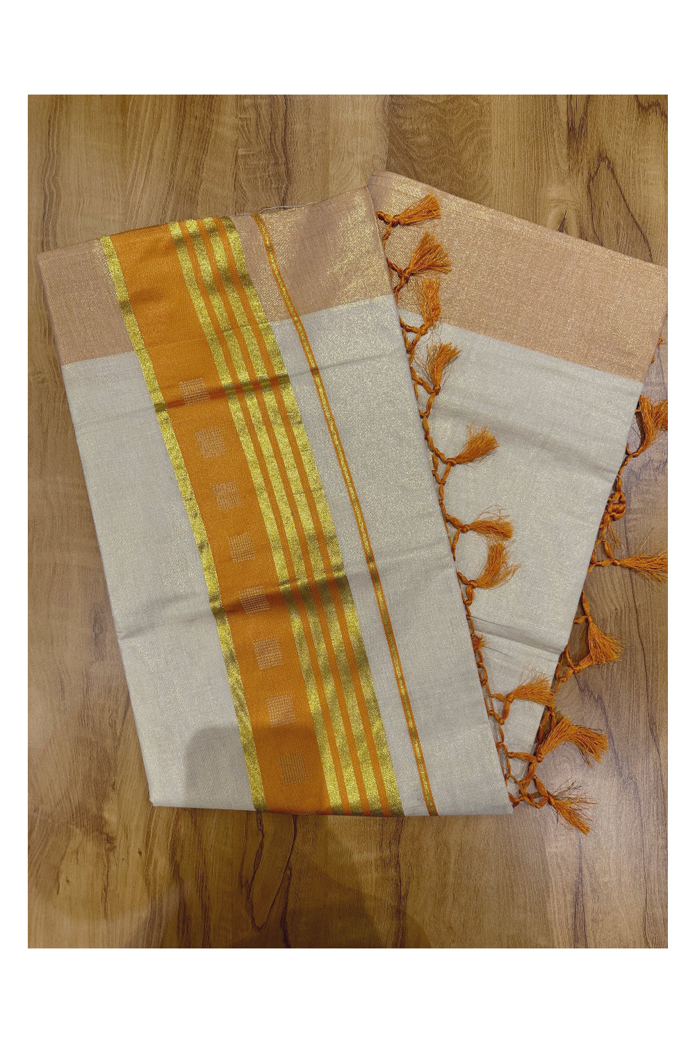 Kerala Tissue Saree with Kasavu Orange Border and Tassels Works on Pallu (Onam Saree 2023)