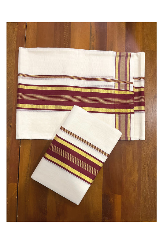 Pure Cotton Handloom Premium Kasavu Set Mundu (Mundum Neriyathum) with Maroon and Kasavu Border