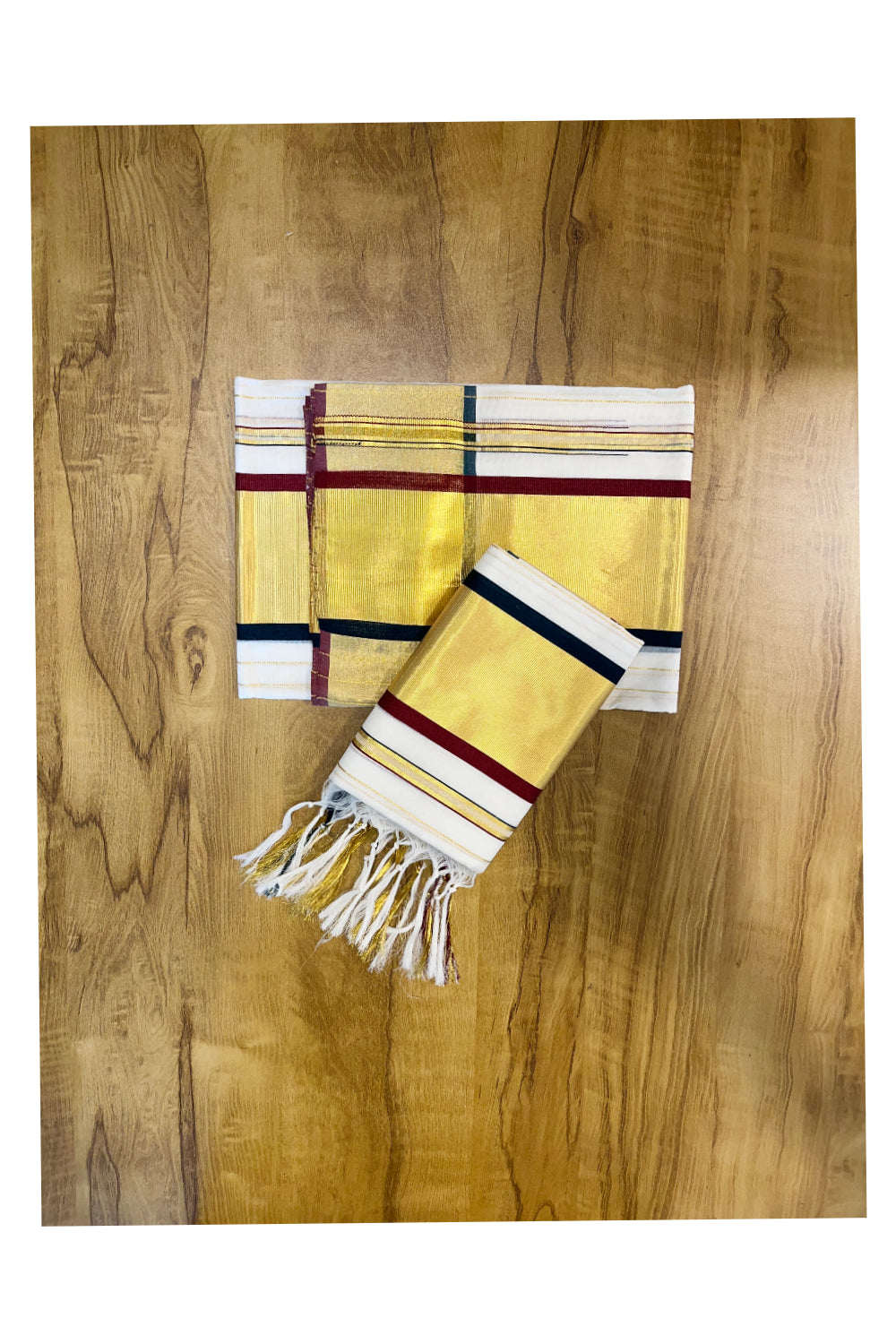 Southloom Premium Handloom Kasavu Lines Set Mundu with Green And Maroon Border (Mundum Neriyathum) 2.80 Mtrs