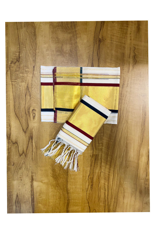 Southloom Premium Handloom Kasavu Lines Set Mundu with Green And Maroon Border (Mundum Neriyathum) 2.80 Mtrs