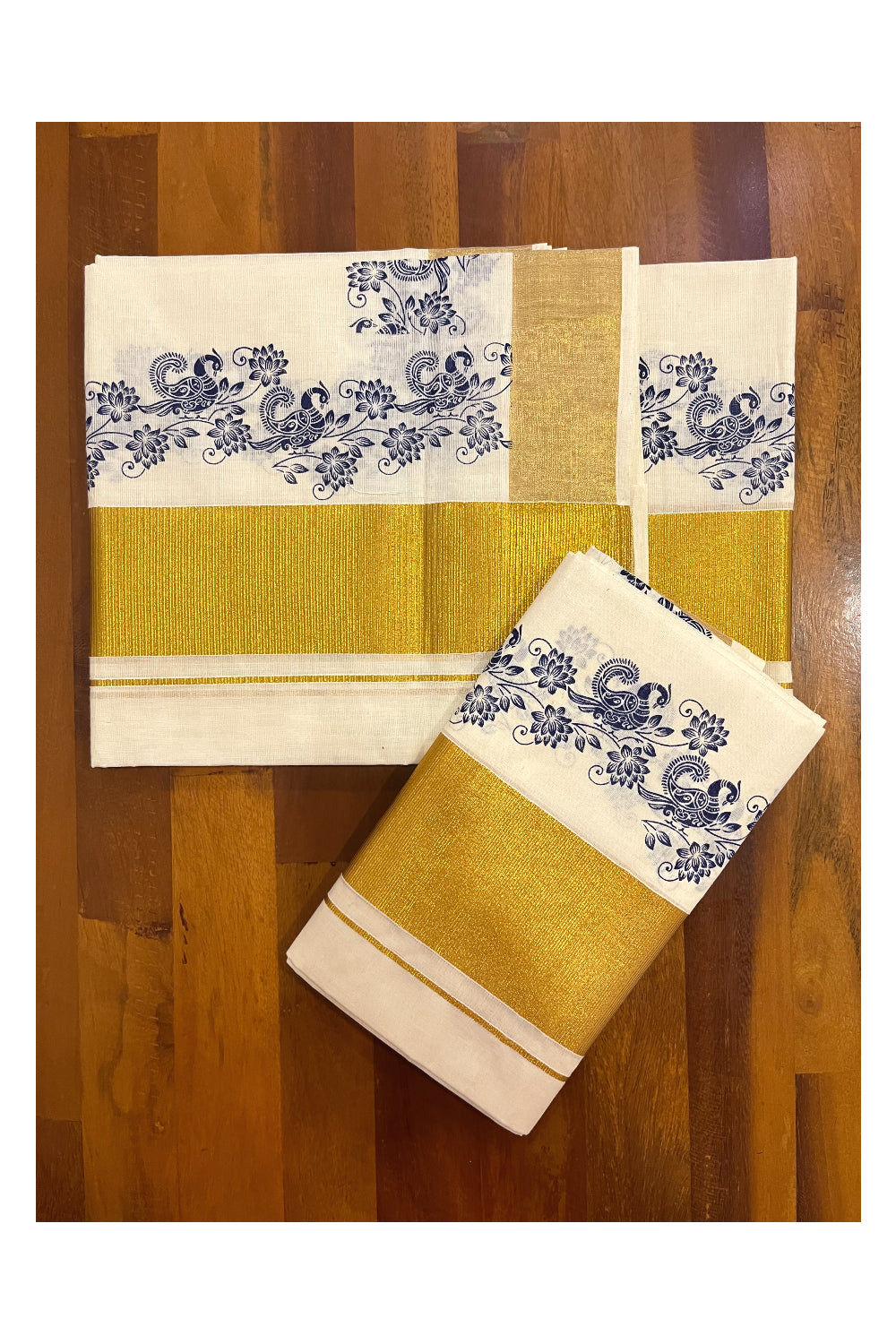 Pure Cotton Kerala Single Set Mundu (Mundum Neriyathum) with Dark Blue Block Printed Kasavu Border (Onam 2023 Set Mundu)