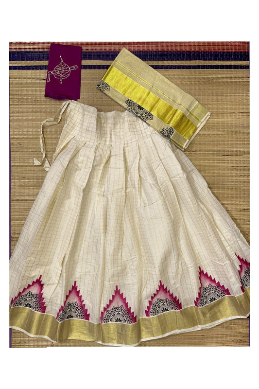 Semi Stitched Dhavani Set with Golden Check Design Pavada and Magenta Bead Work Blouse Piece