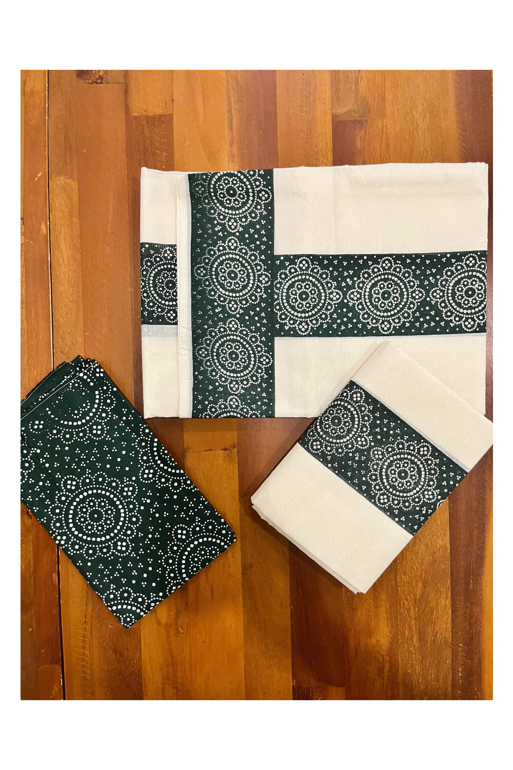 Kerala Cotton Set Mundu (Mundum Neriyathum) with Dark Green Block Prints and Seperate Blouse Piece