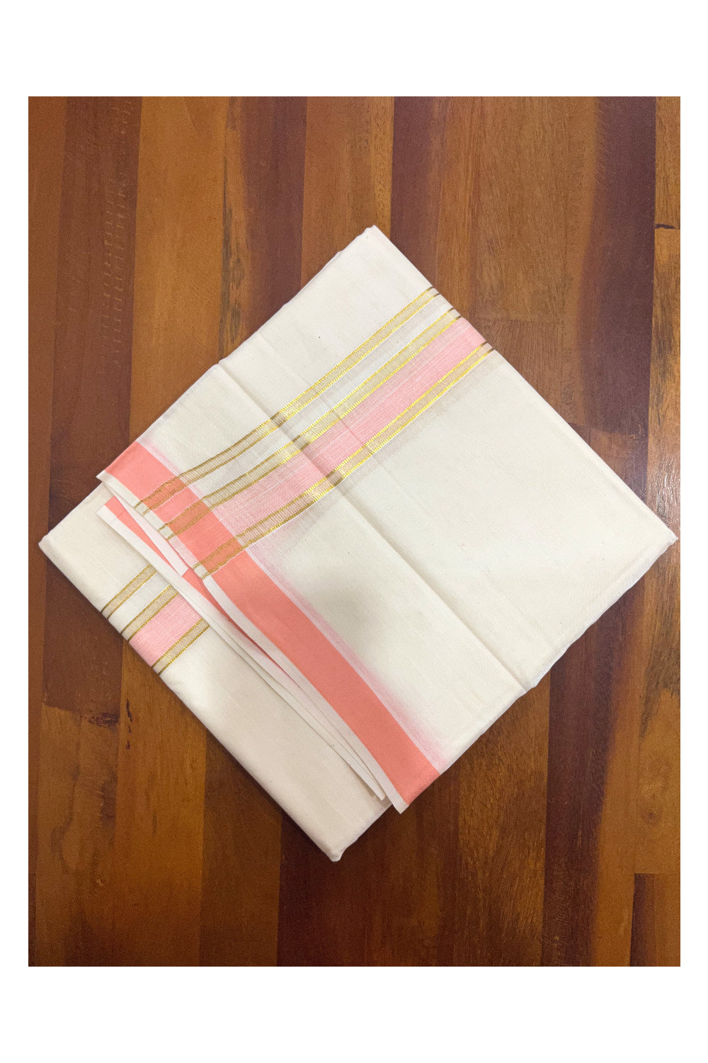 Kerala Cotton Double Mundu with Peach and Kasavu Border (Onam Mundu 2023)