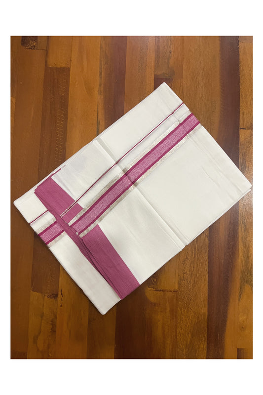 Pure White Cotton Double Mundu with Magenta and Silver Kasavu Border (South Indian Kerala Dhoti)