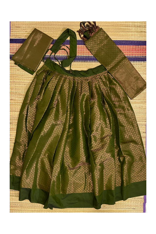 Southloom Semi Stitched Semi Silk Olive Green Dhavani Set include Neriyathu and Blouse Piece
