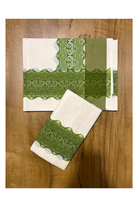 Kerala Cotton Single Set Mundu (Mundum Neriyathum) with Green Block print and Kasav Line Work Border 2.80Mtrs