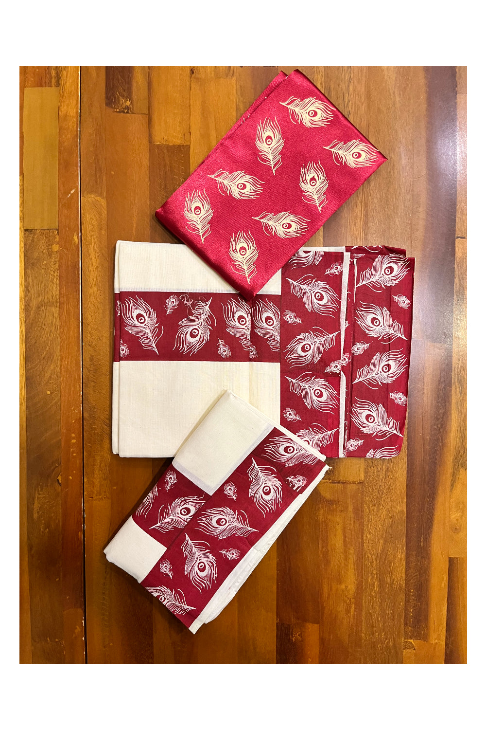 Kerala Cotton Set Mundu (Mundum Neriyathum) with Maroon Feather Block Prints and Seperate Blouse Piece