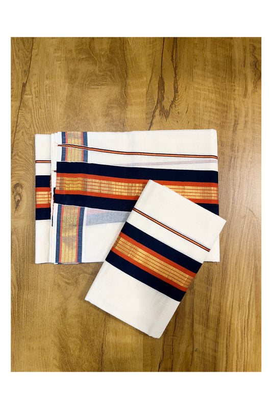 Kerala Cotton Kasavu Set Mundu (Mundum Neriyathum) with Blue and Orange Border 2.80 Mtrs