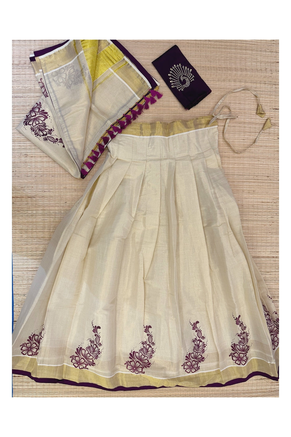 Kerala Tissue Semi Stitched Dhavani Set with Block Print Pavada and Purple Blouse Piece