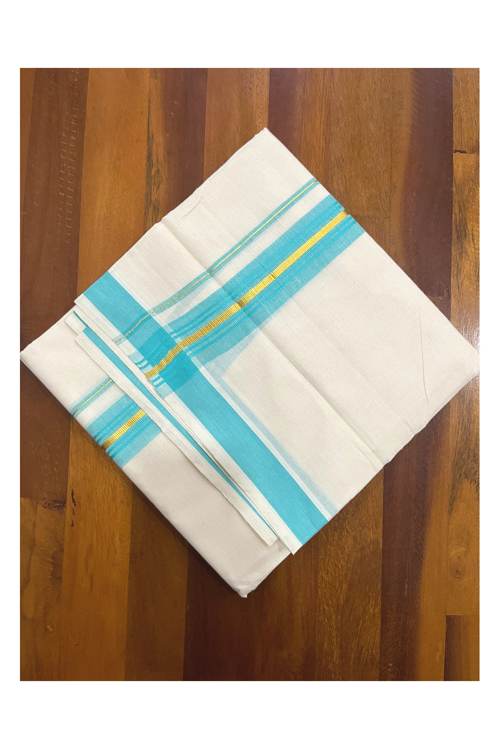 Pure Cotton Kerala Double Mundu with Turquoise and Kasavu Kara (South Indian Kerala Dhoti)