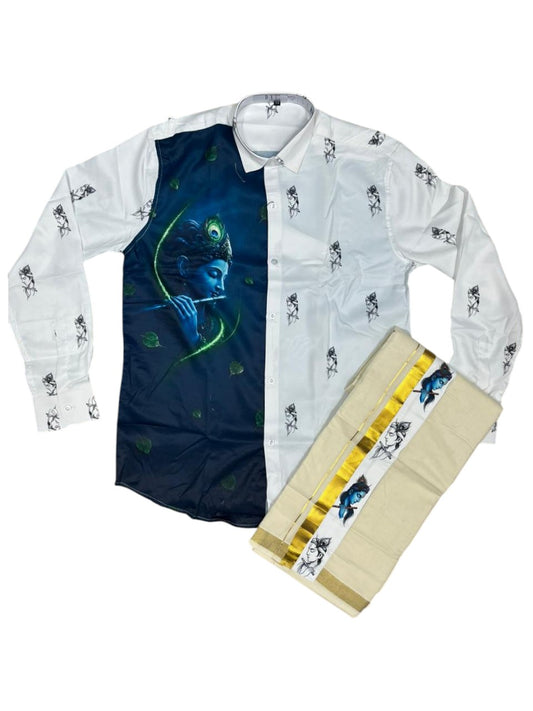 Southloom Premium Satin Krishna Digital Printed Design Men's Combo  (Shirt + Mundu) SL576