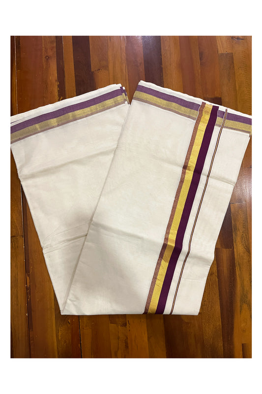 Pure Cotton Kerala Plain Saree with Kasavu and Purple Border