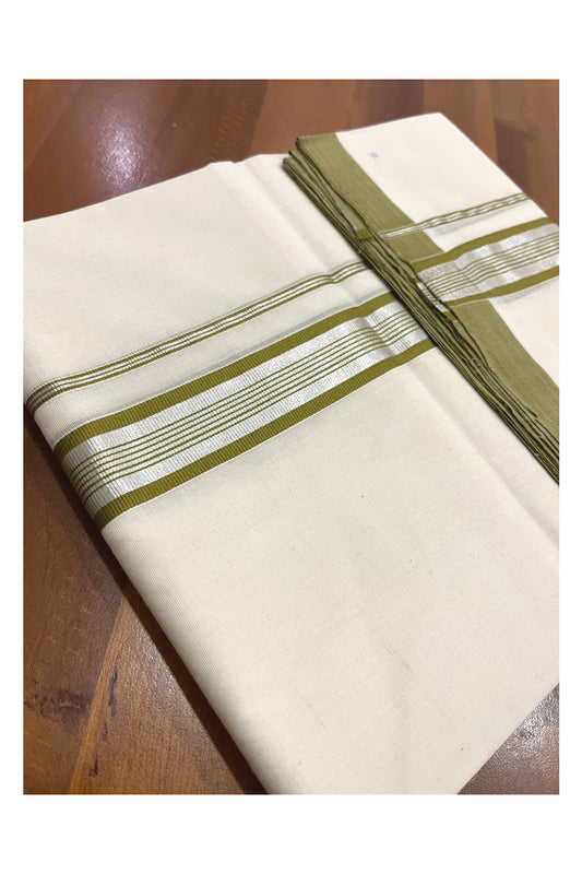 Southloom Premium Balaramapuram Unakkupaavu Handloom Mundu with Olive Green and Silver Kasavu Border (South Indian Kerala Dhoti)