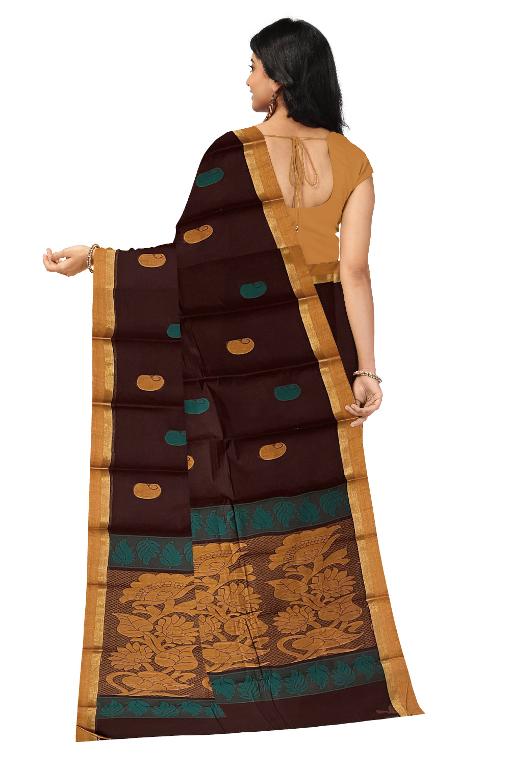 Southloom Cotton Dark Brown Saree with Woven Butta Works on Body and Pallu