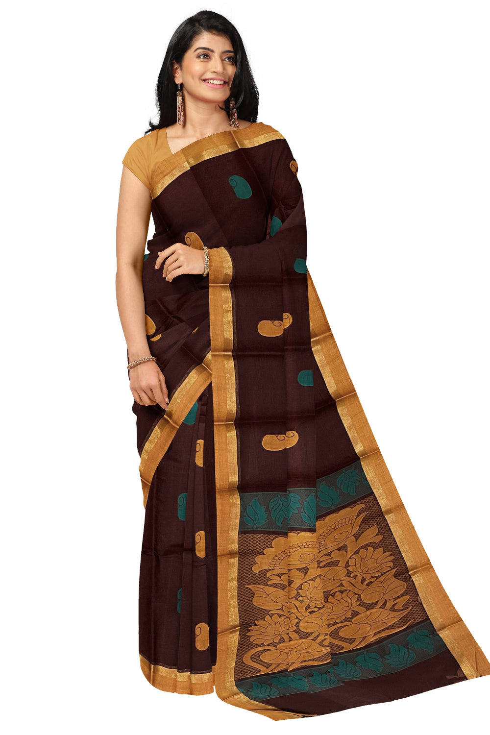 Southloom Cotton Dark Brown Saree with Woven Butta Works on Body and Pallu