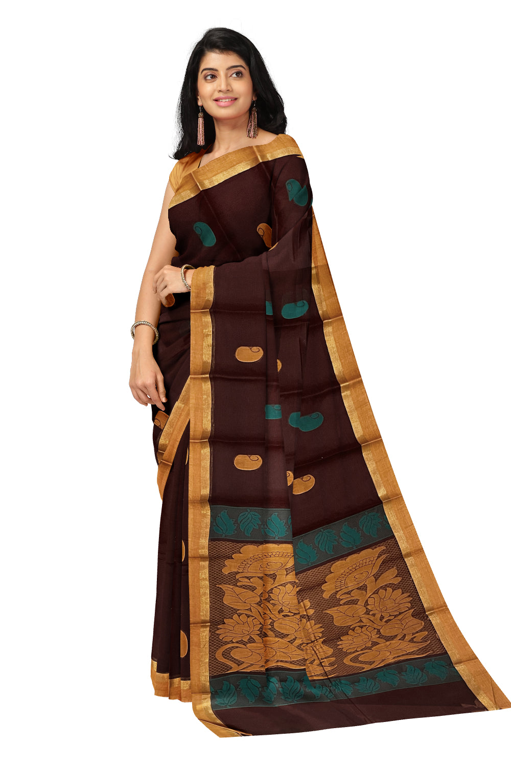 Southloom Cotton Dark Brown Saree with Woven Butta Works on Body and Pallu