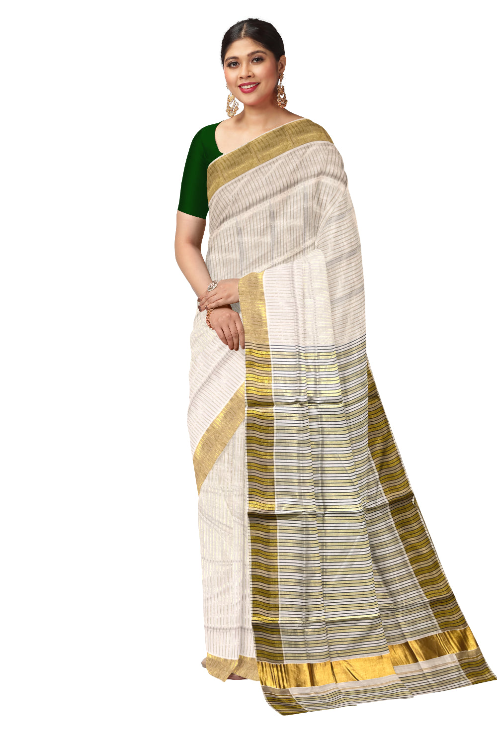 Pure Cotton Kerala Kasavu Saree with Lines Designs on Body and Dark Green Lines on Munthani