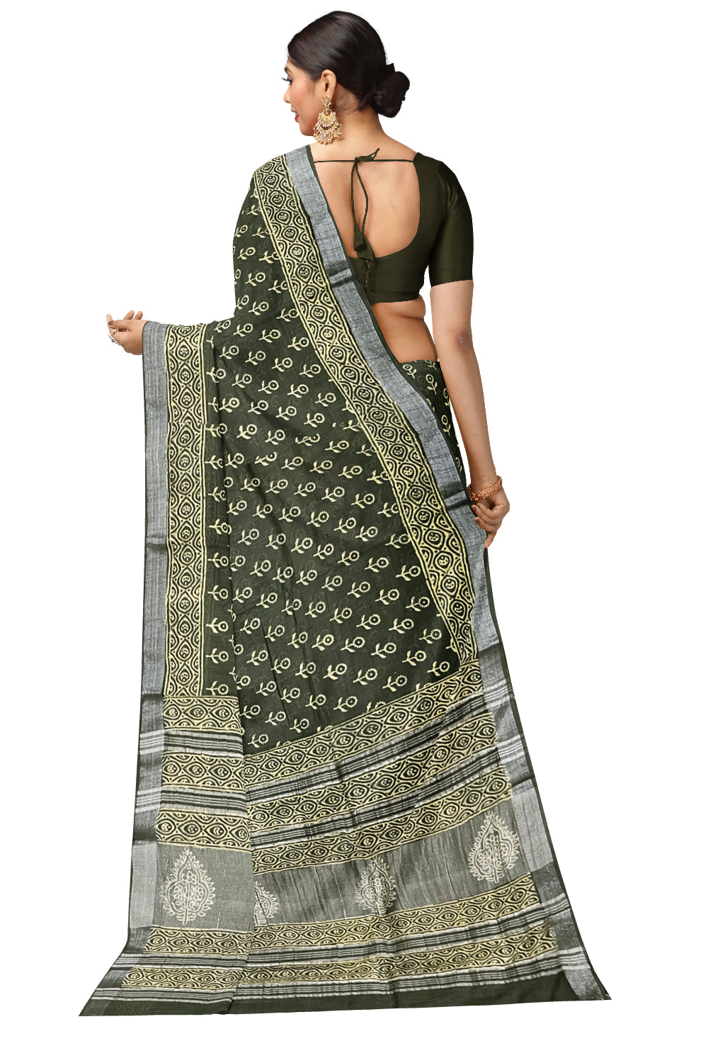 Southloom Linen Green Designer Saree with Floral Prints