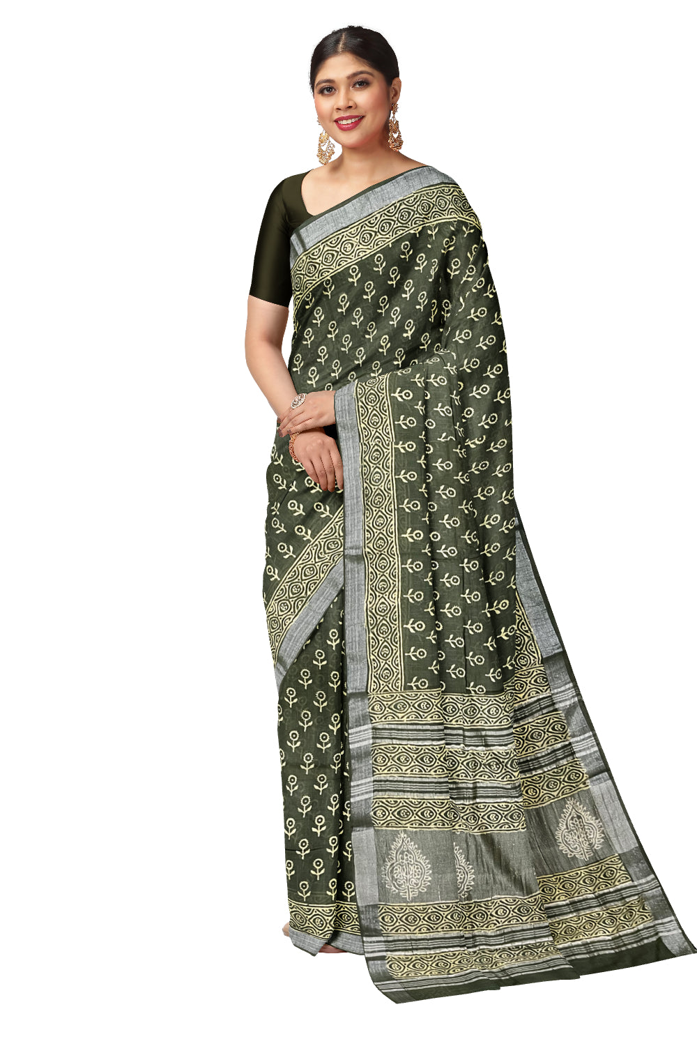 Southloom Linen Green Designer Saree with Floral Prints