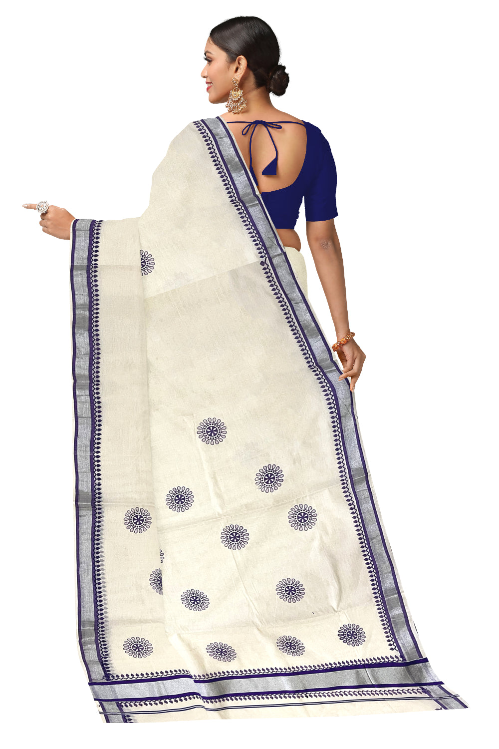 Kerala Pure Cotton Saree with Violet Block Prints and Silver Kasavu Border