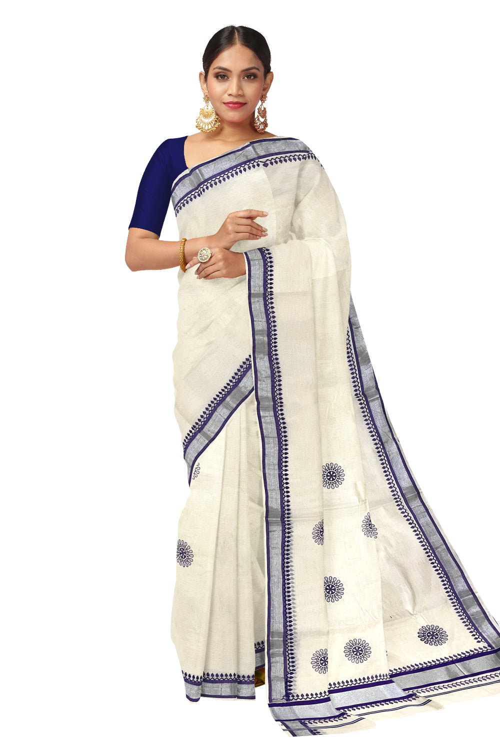 Kerala Pure Cotton Saree with Violet Block Prints and Silver Kasavu Border