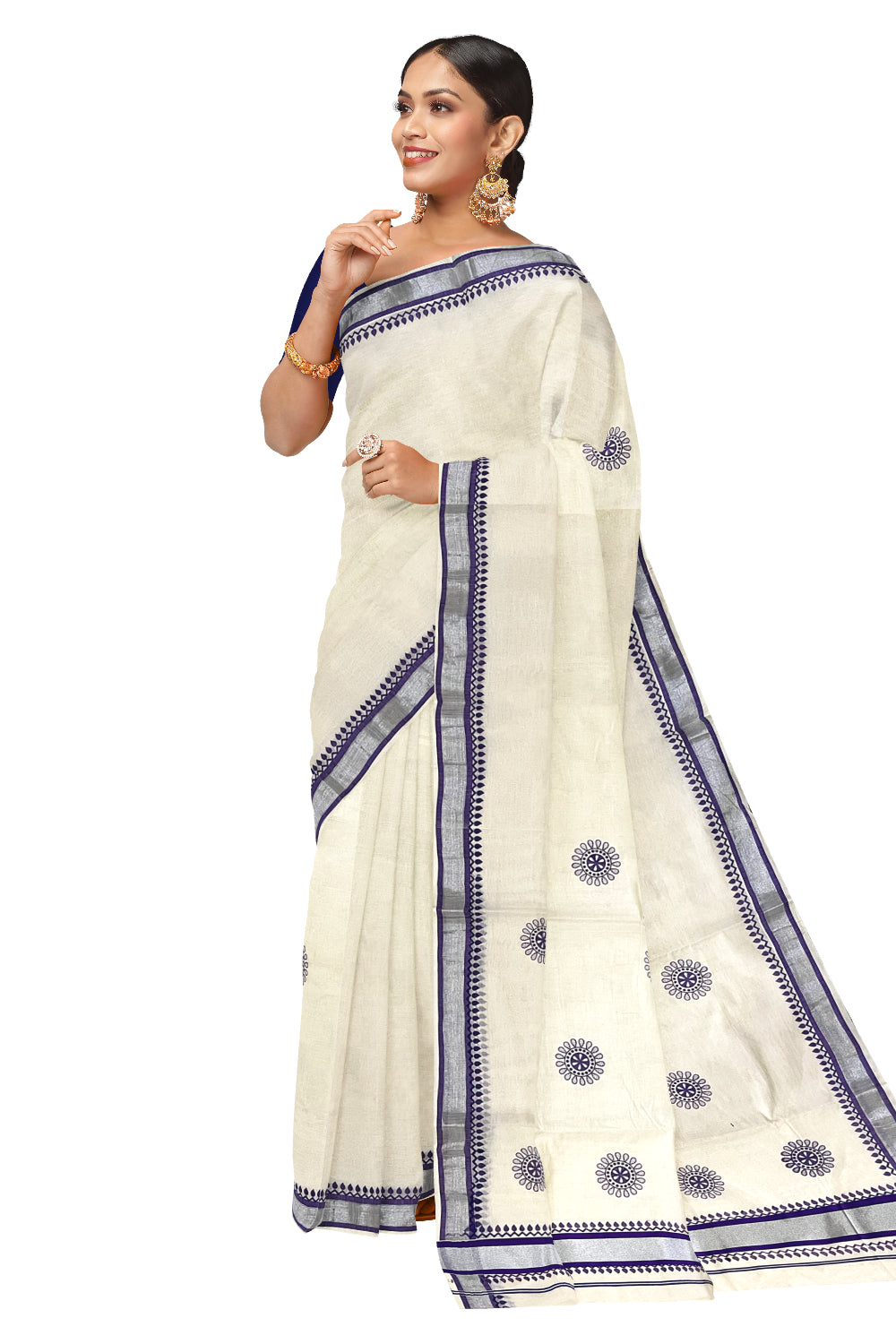 Kerala Pure Cotton Saree with Violet Block Prints and Silver Kasavu Border